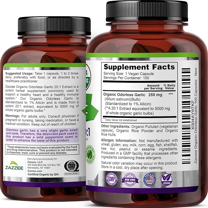 Zazzee USDA Organic Odorless Garlic 20:1 Extract, 1% Allicin, 100 Vegan Capsules, 3+ Month Supply, Allium Sativum, Immune, Circulation & Heart Health Support, All-Natural, Non-GMO, Made in the USA