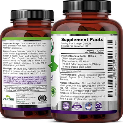Zazzee USDA Organic Odorless Garlic 20:1 Extract, 1% Allicin, 100 Vegan Capsules, 3+ Month Supply, Allium Sativum, Immune, Circulation & Heart Health Support, All-Natural, Non-GMO, Made in the USA