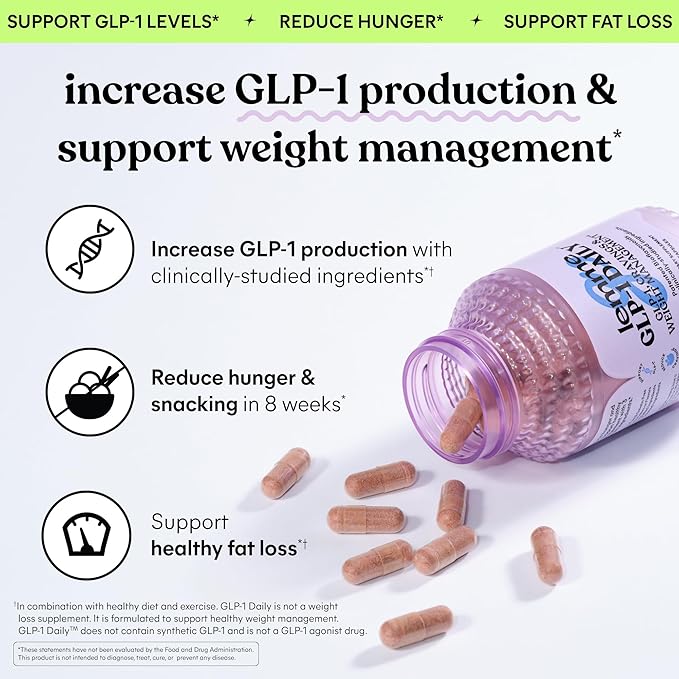 Lemme GLP-1 Daily Support, Clinically Studied Ingredients to Reduce Hunger & Cravings, Promote GLP-1 Production, Support Fat Loss and Weight Management, 1 Month Supply (60 Capsules)