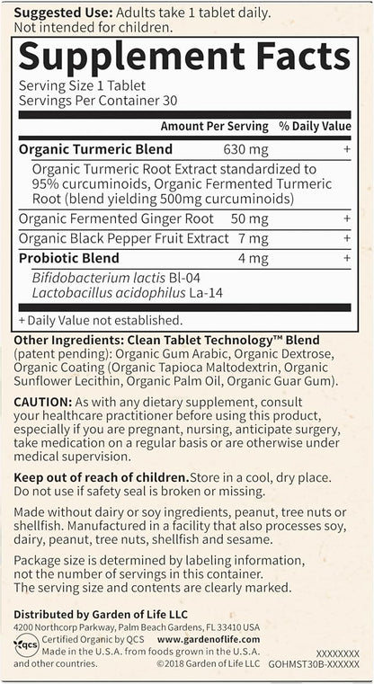 Garden of Life Organics Maximum Strength Turmeric Joints & Mobility Support 30 Tablets - 500mg Curcumin (95% Curcuminoids) Black Pepper - Organic Non-GMO Vegan & Gluten Free Herbal Supplements