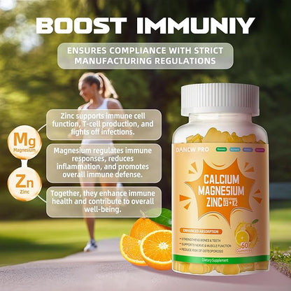 Calcium Magnesium Zinc Gummies with Vitamin D3 & K2 - High Potency Enhanced Absorption -120 Orange Gummies