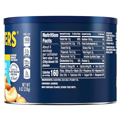 PLANTERS Salted Cashew Halves & Pieces, Party Snacks, Plant-Based Protein 8oz (1 Canister)
