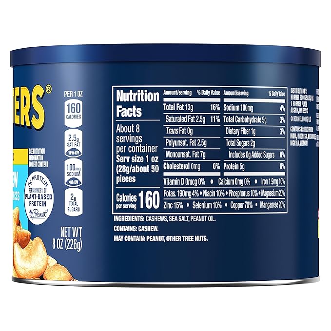 PLANTERS Salted Cashew Halves & Pieces, Party Snacks, Plant-Based Protein 8oz (1 Canister) (Pack of 3)