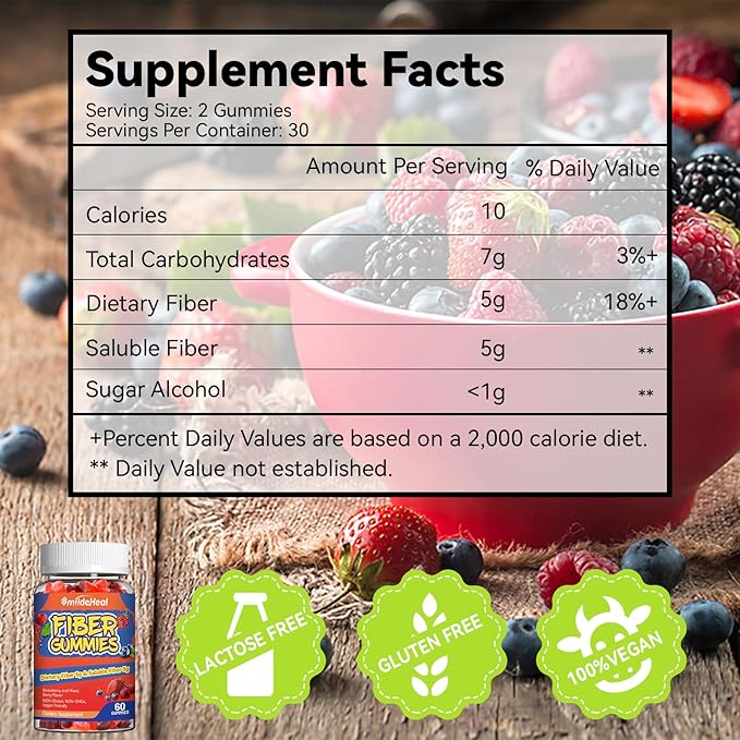 Fiber Gummies, Dietary Fiber, for Women and Men, Gut Health Support, Non-GMOs, Non-Gluten, Vegan, Mixed Berry and Strawberry Flavor, 60 Count Gummies