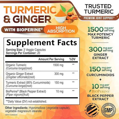 Turmeric Curcumin Supplement - 95% Curcuminoids with Organic Turmeric & Ginger, BioPerine Black Pepper Extract for Best Absorption, Natural Vegan Joint Support, Non-GMO, Bottled in USA - 60 Capsules