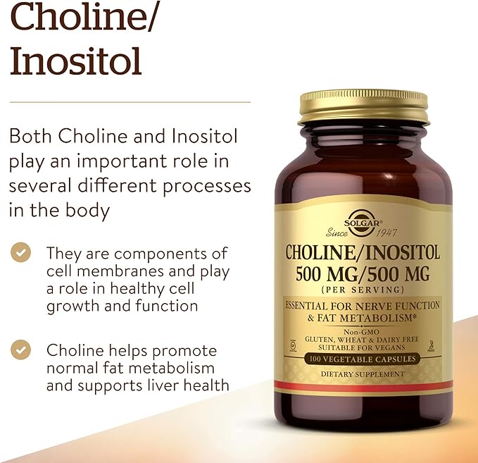 Solgar Choline/Inositol 500 mg/500 mg,100 Vegetable Capsules-Energy Metabolism,Liver Health,Essential for Brain&Nerve Function-Non-GMO,Vegan,Gluten Free,Dairy Free,Kosher-50 Servings,(Pack of 2)