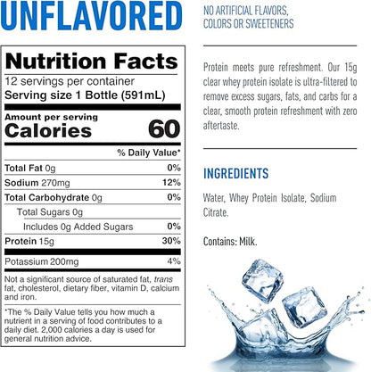 Isopure Clear Protein Water with Electrolytes, 15g Whey Protein Isolate, Zero Sugar, Unflavored, 20 fl oz Bottles, 12-Pack