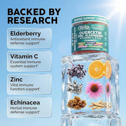 Clean Quercetin Elderberry Immune Support Gummies | Zinc Vitamin K2 D3 A Bromelain Goji Berry Turmeric Sea Moss Echinacea Astragalus Selenium Olive Leaf Immunity Supplement Gummy Vitamins