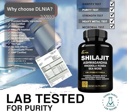 DLNIA Shilajit 9-in-1 Capsules – Organic Himalayan Complex with Ashwagandha, Sea Moss, Turmeric & More – Vegan, Lab-Tested, Immune & Energy Support for Men & Women – 90 Capsules