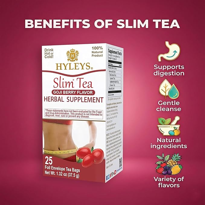 Hyleys Slim Tea Goji Berry Flavor - Weight Loss Herbal Supplement Cleanse and Detox - 25 Tea Bags (12 Pack)