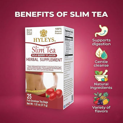 Hyleys Slim Tea Goji Berry Flavor - Weight Loss Herbal Supplement Cleanse and Detox - 25 Tea Bags (12 Pack)