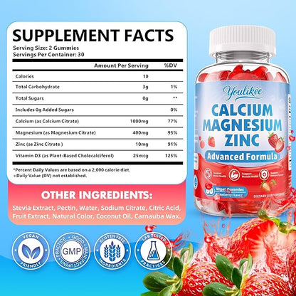 2 Pack Calcium Magnesium Zinc Gummies for Adult, Calcium Citrate with Vitamin D3, High Absorption Calcium Magnesium Supplement for Women & Men, Sugar-Free, Strawberry Flavor, 120 Count