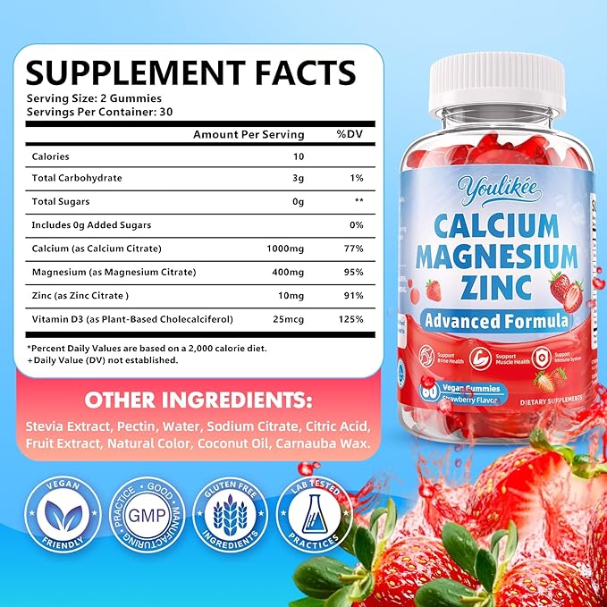 Calcium Magnesium Zinc Gummies for Adult, Calcium Citrate with Vitamin D3, High Absorption Calcium Magnesium Supplement for Women & Men, Sugar-Free, Strawberry Flavor, 60 Count