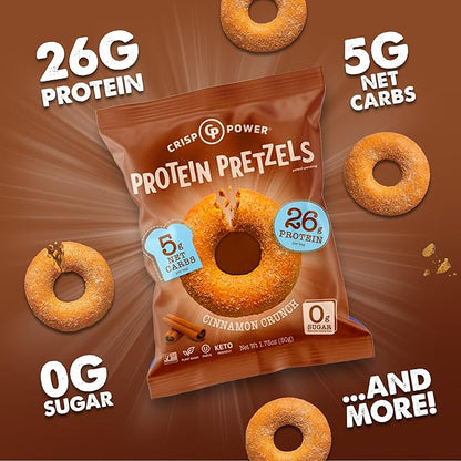 CRISP POWER Protein Pretzels, NEW Cinnamon Crunch, 26G Protein, High Protein Snack, High Fiber, Low Carb Crunchy Pretzel Snacks, No Added Sugar, 1.75 oz Bags, 24 Pack, Vegan, Keto