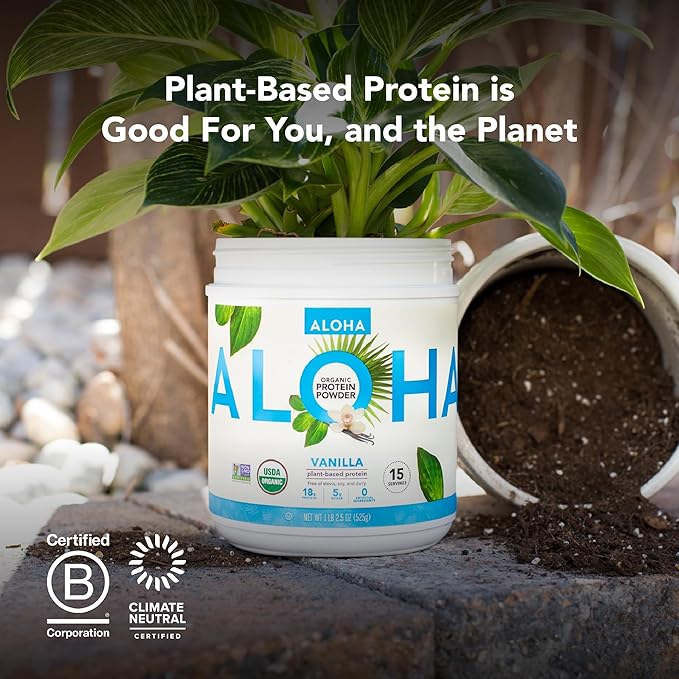ALOHA Organic Plant Based Protein Powder, Stevia Free, Vanilla, 19.6 oz, 15 Servings PACKAGING MAY VARY