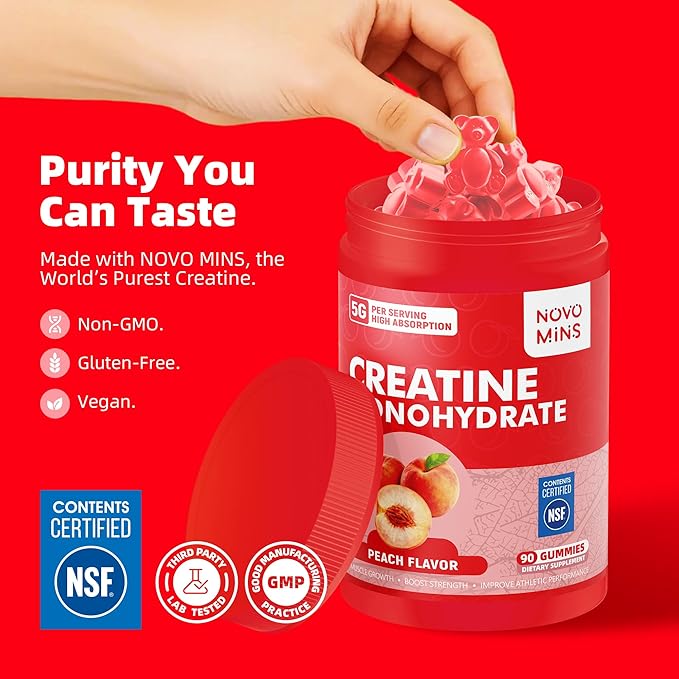 novomins Creatine Monohydrate Gummies for Men & Women, Chewables Creatine Monohydrate for Muscle Strength, Muscle Builder, Energy Boost, Pre-Workout Supplement-90 Peach