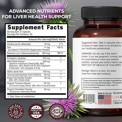 LIVEGOOD Liver Support Supplement for Liver Cleanse Detox, Milk Thistle and Dandelion Root, with Turmeric and Alpha Lipoic Acid for Overall Health (60 Count)