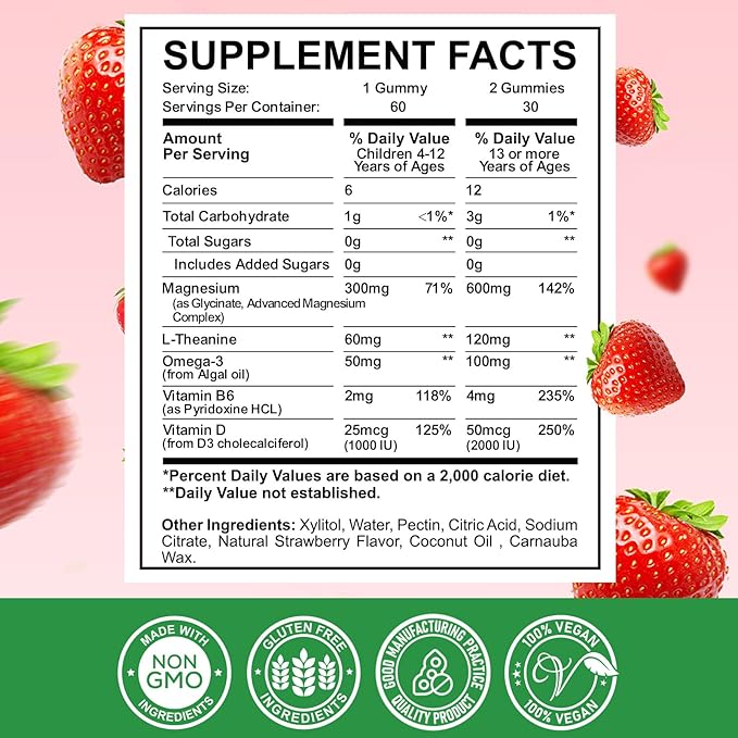 Magnesium Complex Gummies- Calm Chewable Gummies for Kids & Adults- Magnesium Glycinate Supplement-w/Omega-3, Vitamin B6, D3- Support Calm Stress Relief, Bones, Mood, Strawberry Flavor