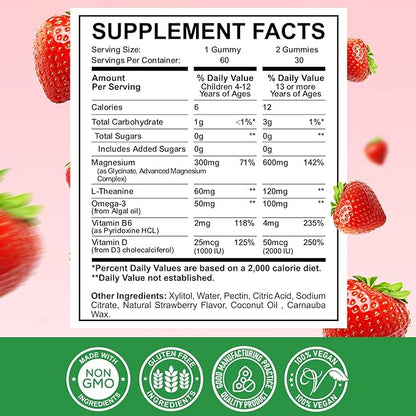 Magnesium Complex Gummies- Calm Chewable Gummies for Kids & Adults- Magnesium Glycinate Supplement-w/Omega-3, Vitamin B6, D3- Support Calm Stress Relief, Bones, Mood, Strawberry Flavor