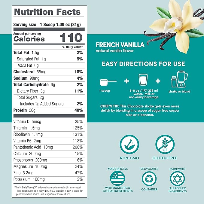 Designer Wellness, Designer Whey, Natural Whey Protein Powder with Probiotics, Fiber, and Key B-Vitamins for Energy, Gluten-Free, French Vanilla, 2 lb