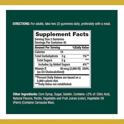 Nature's Bounty Vitamin D3 Gummies, Vitamin Supplement, Supports Immune Health, 50mcg, 2000IU, Mixed Fruit Flavor, 90 Gummies (Pack of 2)