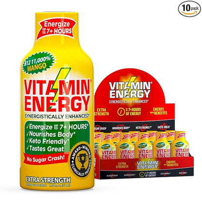 Vitamin Energy B12 11,000% Extra Strength Energy Shot Mango 10 Pack, 260mg Natural Caffeine, B12 & B6, Nootropic Focus, Vitality, Zero Sugar, Gluten-Free, Vegan, Kosher, 1.93 fl oz