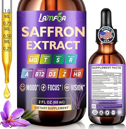 Saffron Extract for Anxiety Relief & Calm Mood Support | 88.5mg Saffron Supplement | Enhanced with Manganese for Brain & Stress Support | Vegan, Non-GMO, Alcohol-Free Tincture, Based in USA - 2 Oz