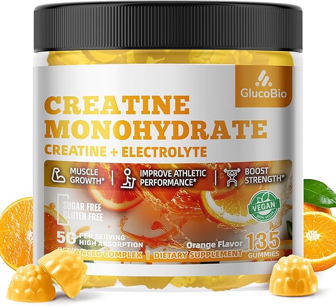Creatine Monohydrate Gummies (5g) – Pre-Workout Energy & Muscle Growth Support for Men & Women | Orange Electrolyte Gummies (135 Count)