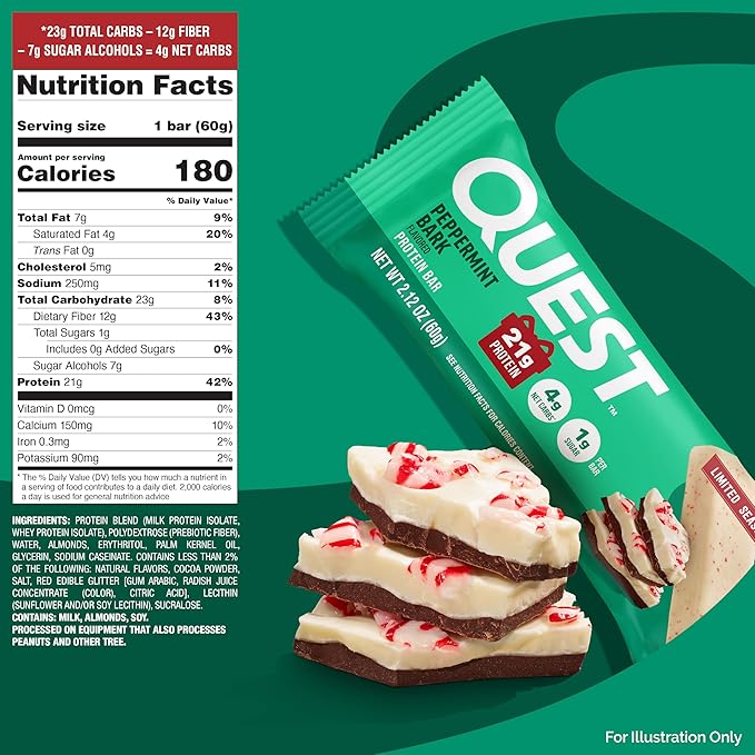 Quest Nutrition Peppermint Bark Protein Bar, 21g Protein, 4g Net Carb, 1g Sugar, Gluten Free, 12 Count
