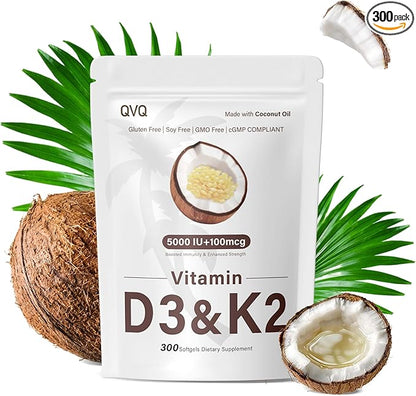 300 Pcs Vitamin D3 K2 5000 IU + 100mcg, Coconut Oil, Gluten-Free, Non-GMO, Soy Free