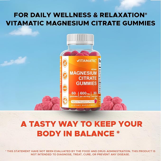 Vitamatic Magnesium Gummies 600mg per Serving – 60 Vegan Count for Relaxation, Muscle, Bone, and Energy Support