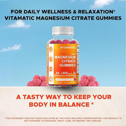 Vitamatic Magnesium Gummies 600mg per Serving – 60 Vegan Gummies – Relaxation, Muscle, Bone & Energy Support – 6 Pack
