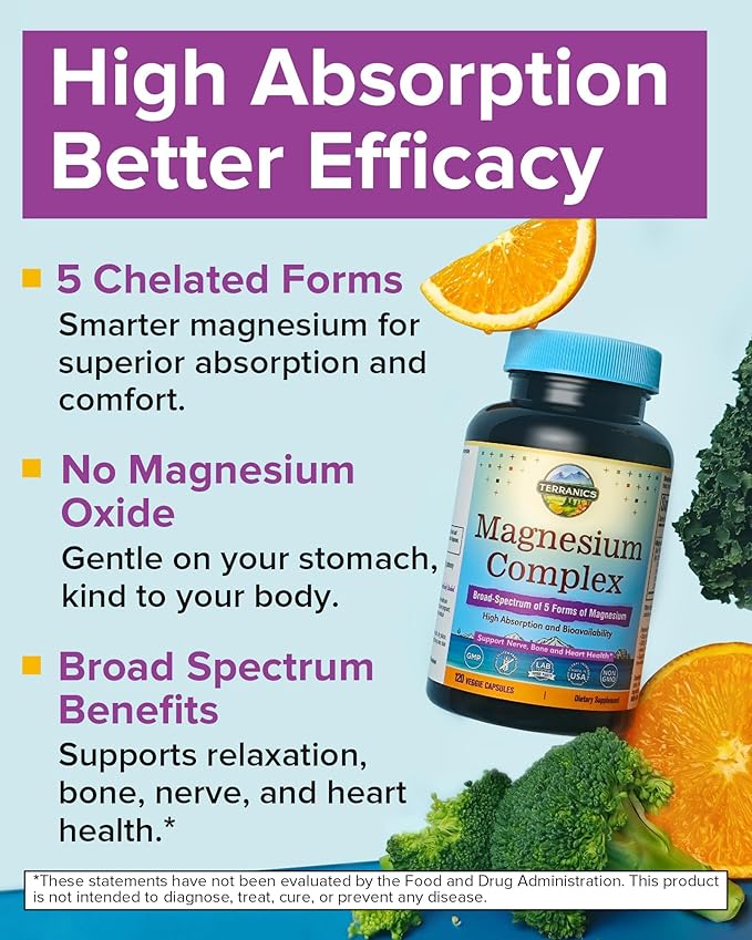 Terranics 5-in-1 Magnesium Complex Supplement 500mg - 5 Forms High Absorption Magnesium Glycinate Citrate Malate Aspartate Gluconate for Sleep Heart Health - Non-GMO 120 Vegan Capsules