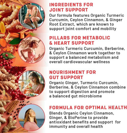 5-in-1 Organic Turmeric Curcumin Supplement (4210mg) with Berberine, Ceylon Cinnamon Bioperine and Ginger Supplements for Joint, Heart, Gut, & Metabolic Support (60 Servings)