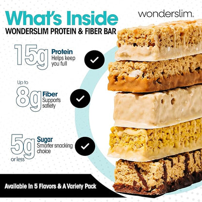 Wonderslim High Fiber Protein Bars, Variety Pack | 15g Protein, 8g Fiber | Low Sugar, Low Carb | Healthy Indulgence | Satisfying, Supports Energy & On-the-Go Convenience, 7 Pack