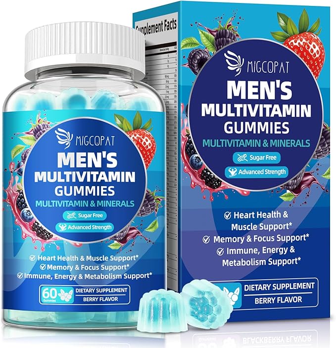 Migcopat Multivitamin for Men, Mens Multivitamins Gummies w/Omega-3, Probiotics, Inositol, Folate, Biotin, Zinc, Vitamins A, C, D, E, B, Support Heart, Brain, Muscle, Energy, Sugar-Free, Berry Flavor