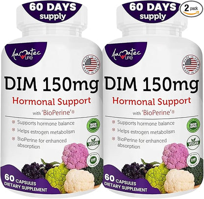 Women’s DIM Complex 150mg - Bioperine Estrogen Balancing Pills for Menopause & Hot Flashes Relief Support Hormonal Acne Powerful Supplement - Pack of 2 (60 Count per Bottle), Made in USA