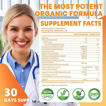 Glucosamine Chondroitin Gummies with MSM & Elderberry Extra Strength - Joint Support, Antioxidant Immune Support Supplement for Adults, Men & Women.Orange