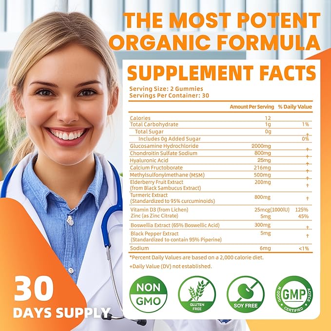 Glucosamine Chondroitin Gummies with MSM & Elderberry Extra Strength - Joint Support, Antioxidant Immune Support Supplement for Adults, Men & Women.Orange-2pack