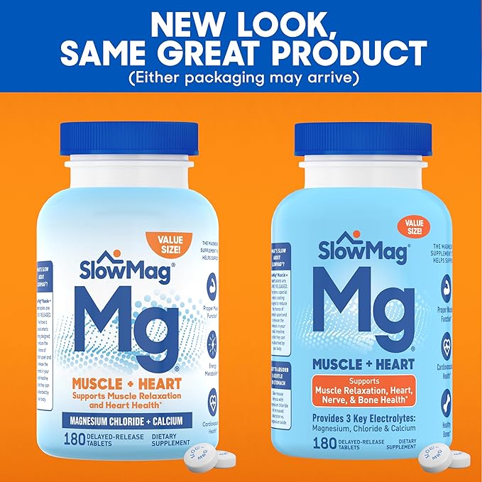 SlowMag Muscle & Heart Magnesium Chloride Supplement with Calcium, 180 Count, Supports Muscle Relaxation, Heart, Nerve & Bone Health, High Absorption (Pack of 2)