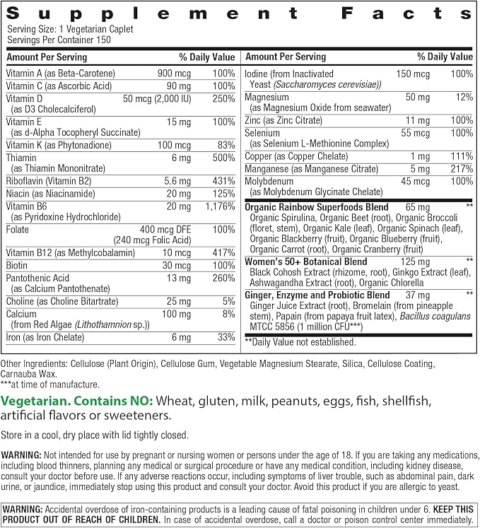 Rainbow Light Multivitamin for Women 50+, Vitamin C, D & Zinc, Probiotics, Women’s One 50+ Multivitamin Provides High Potency Immune Support, Non-GMO, Vegetarian, 150 Tablets