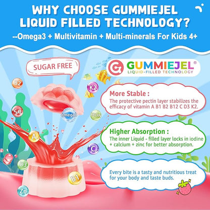 Nextdia Omega 3 (EPA/DHA) Filled Gummies for Kids Teen with Multivitamin, Calcium + D3 + K2 + Zinc, Plus Vitamin A B1 B2 B12 C, Selenium, Iodine for Brain, Eye, Bone, Energy, No Fish Taste, Sugar Free