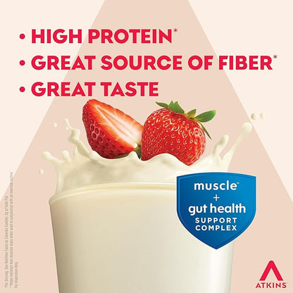 Atkins Strong High Protein Shake, Strawberry Flavored, 30g Protein, 7g Prebiotic Fiber, 1g Sugar Muscle and Gut Health Support, GLP-1 Support, Low Carb and Low Protein Shake, Gluten Free, 12 Count