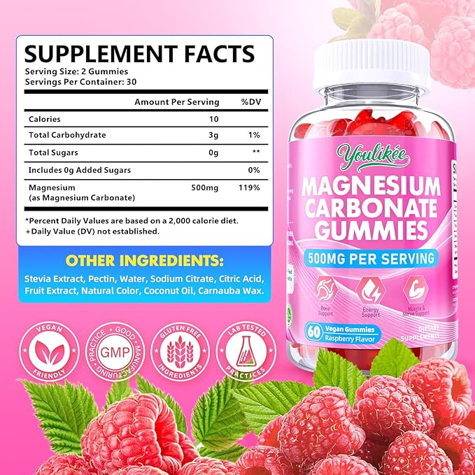 2 Pack Magnesium Carbonate 500mg Gummies, High Absorption Magnesium Supplement for Adults - Support Muscle Function, Vegan, Sugar Free, Raspberry Flavor, 120 Count