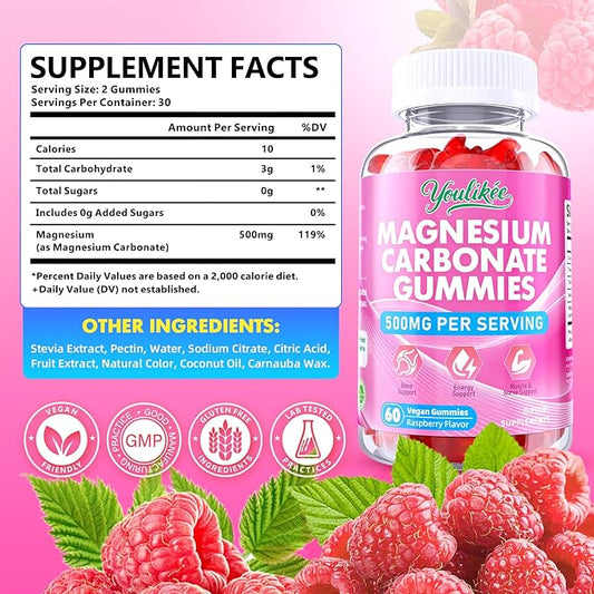 2 Pack Magnesium Carbonate 500mg Gummies, High Absorption Magnesium Supplement for Adults - Support Muscle Function, Vegan, Sugar Free, Raspberry Flavor, 120 Count