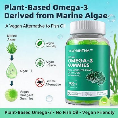 Vegan Omega-3 Algae Oil Supplement with DHA 300mg & EPA 150mg, Plant-Based Omega-3 with Vitamin D3 & K2, Fish-Free Algal Oil Softgels for Men & Women, 2 Pack, 120 Softgels, 60 Day Supply
