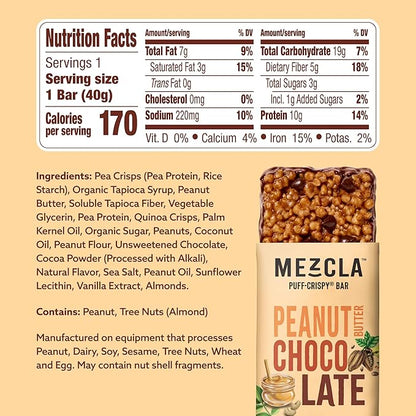 Mezcla Puff-Crispy Plant Based Protein Bars - Peanut Butter Chocolate - Healthy Snacks for Adults & Kids - Perfect School, Travel, & Office Snacks - Gluten Free, Vegan, Non GMO, 10g Protein - 12 Count