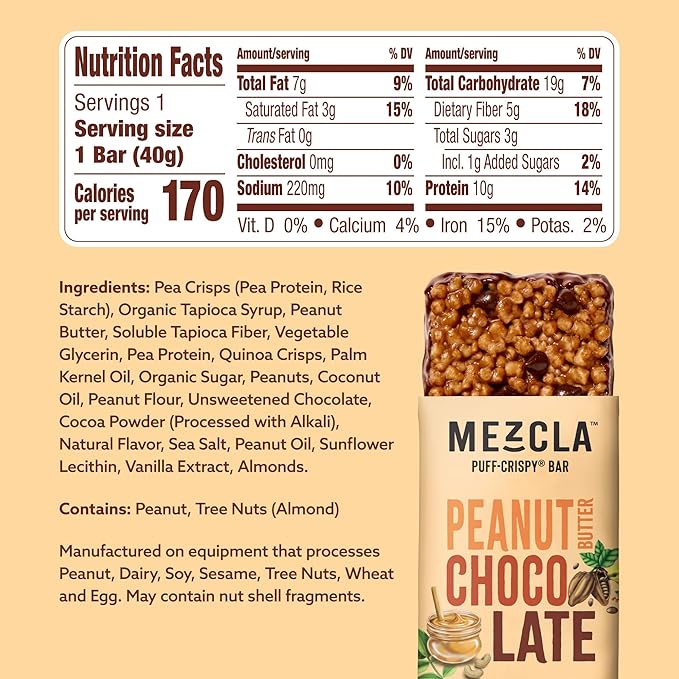 Mezcla Puff Crispy Protein Bars, Gluten Free & Vegan Protein Bars, 10g Protein, Alt for Crispy Rice Treat, Granola Bars & Breakfast Bars, Healthy Snacks for Adults, Peanut Butter Chocolate, 1 Count