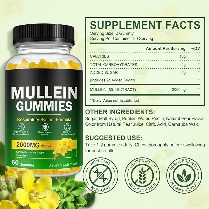 Mullein Gummies for Lungs, Mullein Extract for Smokers - Support Lung & Respiratory Health, Soothes Throat Irritation, Boost Immune - Mullein Leaf Extract for Lungs, Breathe Easier - 60pcs