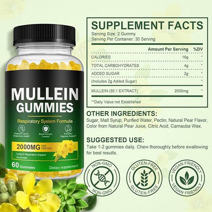 Mullein Gummies for Lungs, Mullein Extract for Smokers - Support Lung & Respiratory Health, Soothes Throat Irritation, Boost Immune - Mullein Leaf Extract for Lungs, Breathe Easier - 60pcs